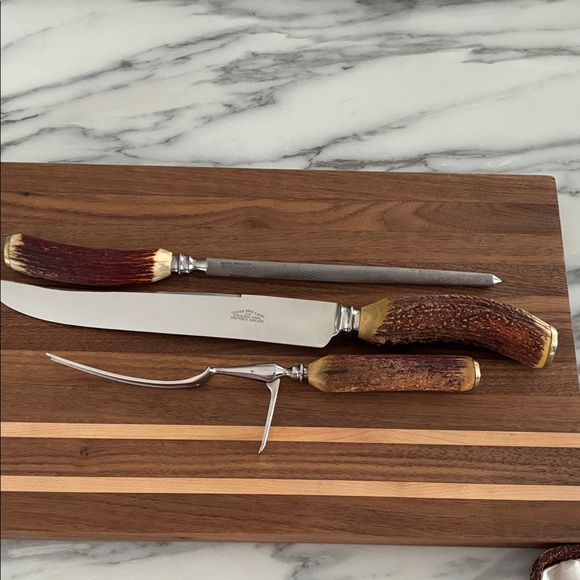 Vintage Cooper Bros & Sons Sheffield England Stag Antler Handle Carving Set; 3pc - Picture 5 of 15
